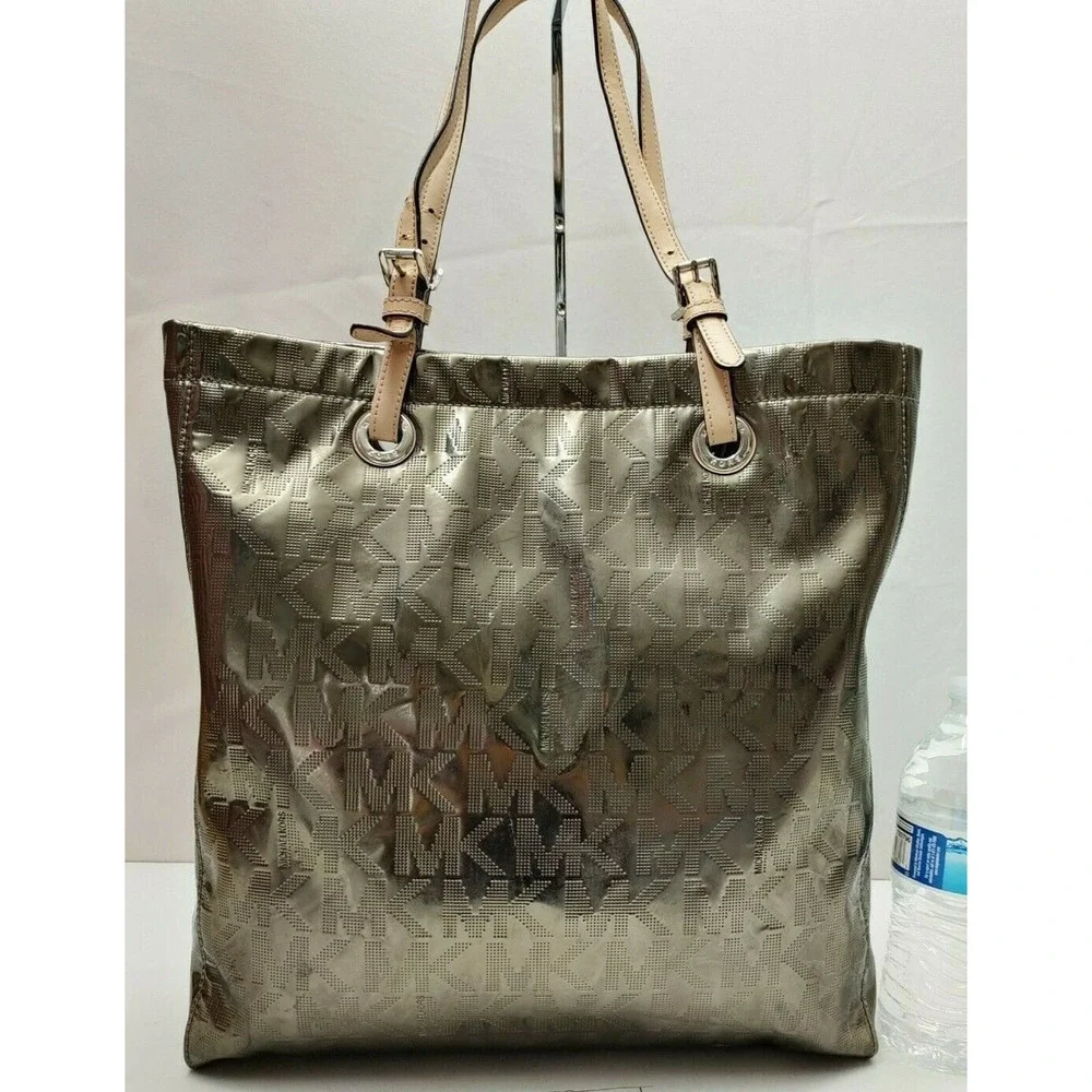 Michael Kors Gray Coated Leather MK Printed Double Handle Tote Bag